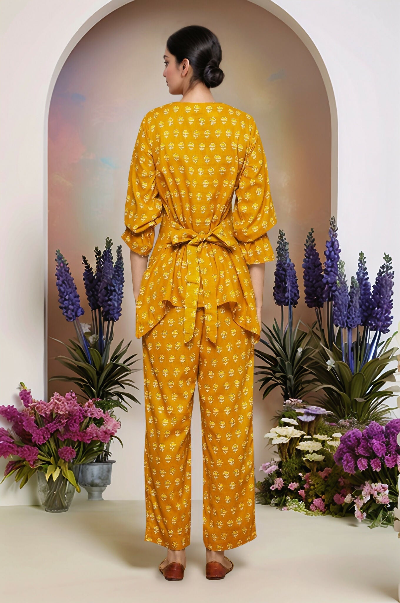 Joban Fashion Mustard Flower Printed Cotton Top With Front Knot And Maching Palazzo Pant | Grocsy