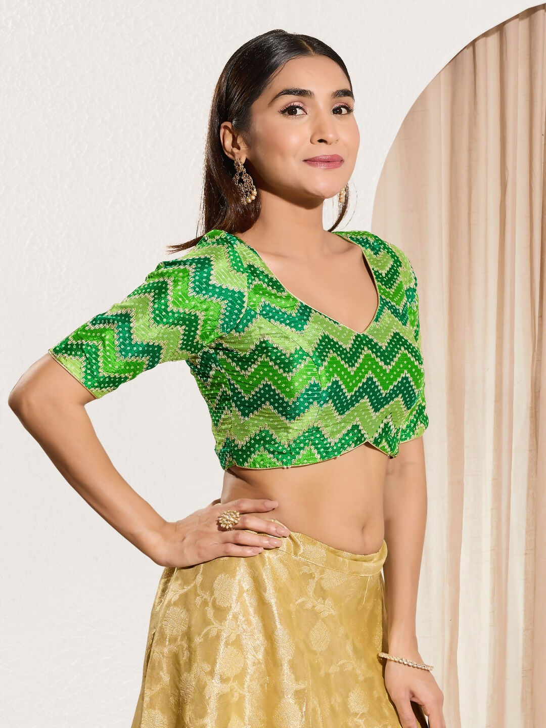 Joban Fashion Parrot Green Chiffon Padded Blouse With Square Neck Elbow Sleeves | Grocsy