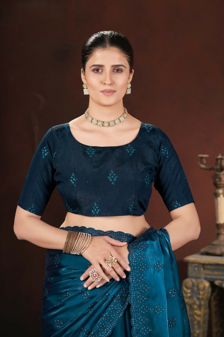 Vastranavya Rama Jimmy Choo Silk 3mm Sequence work with Cross Stitch Embroidery work & Cutwork Border Saree | Grocsy