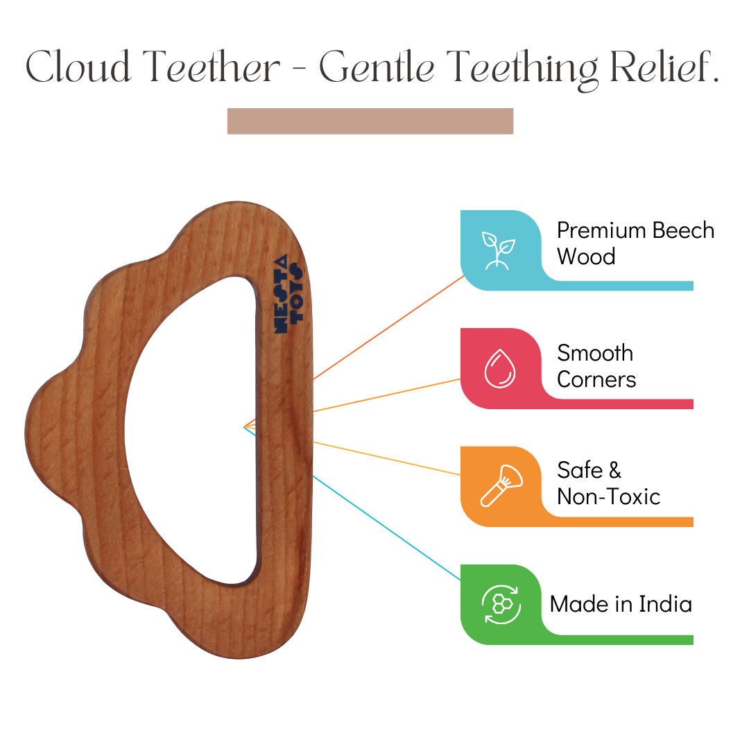 Nesta Toys Beech Wooden Cloud Teether, Baby Shower Gift, Newborn Toy (0-1.5 Years) | Grocsy