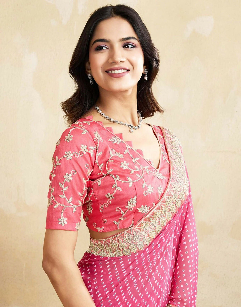Joban Fashion Georgette Pink, White Color Bandhani Saree | Grocsy