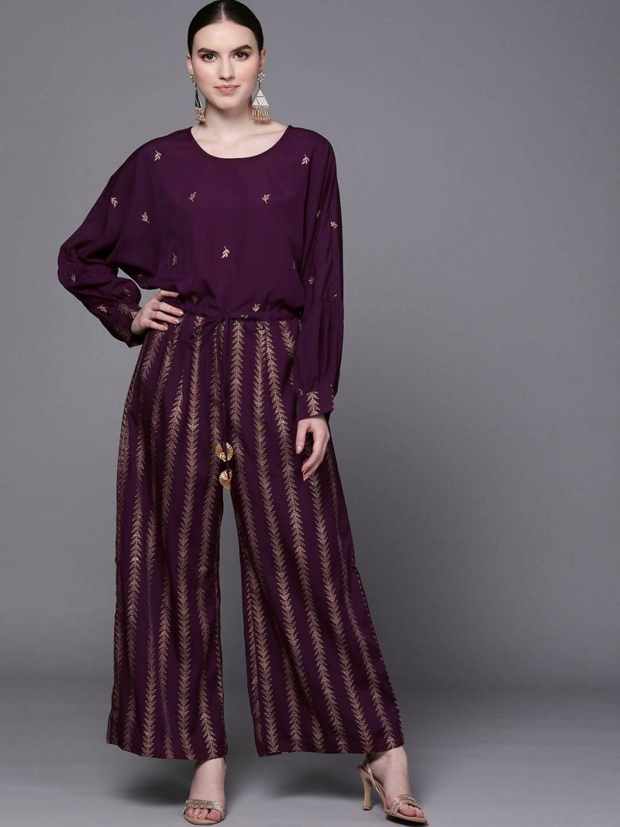 Ahalyaa Purple & Golden Printed Basic Jumpsuit | Grocsy