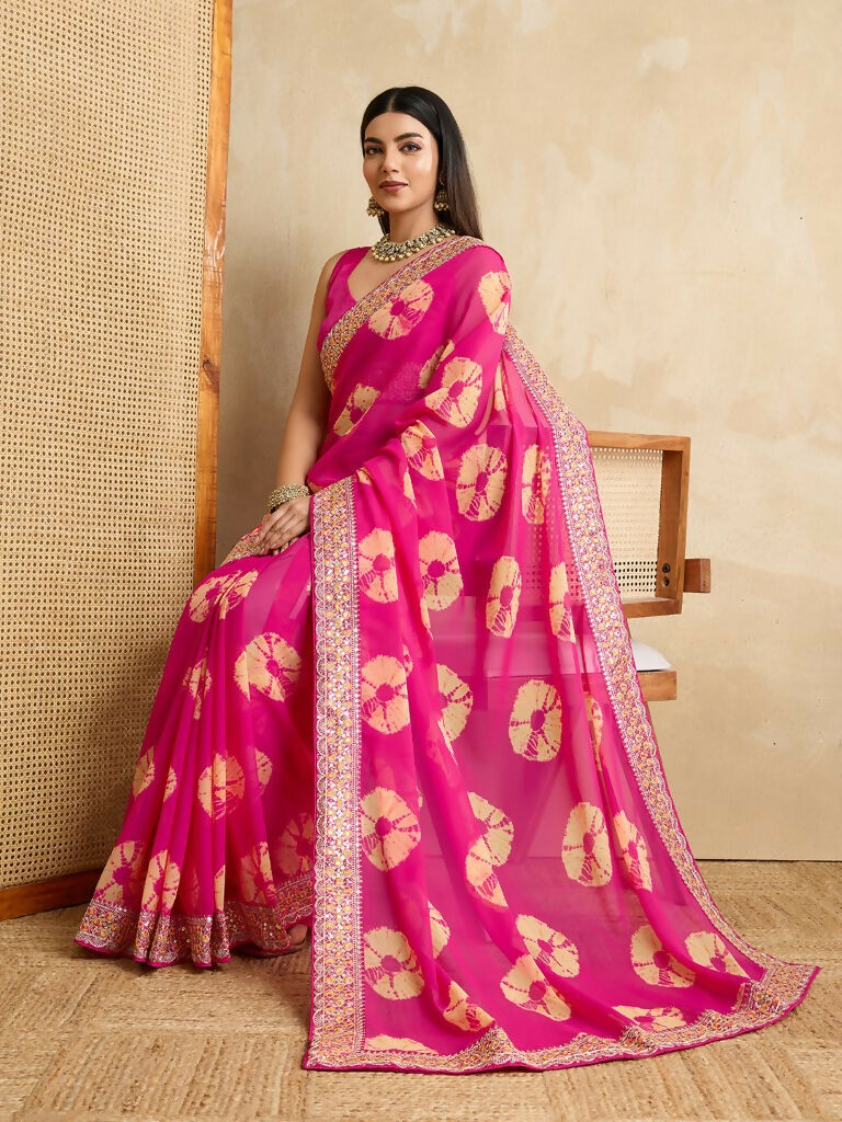 Pink Georgette Printed Designer, Embroidery Work Lace Border Saree - Aarvi | Grocsy
