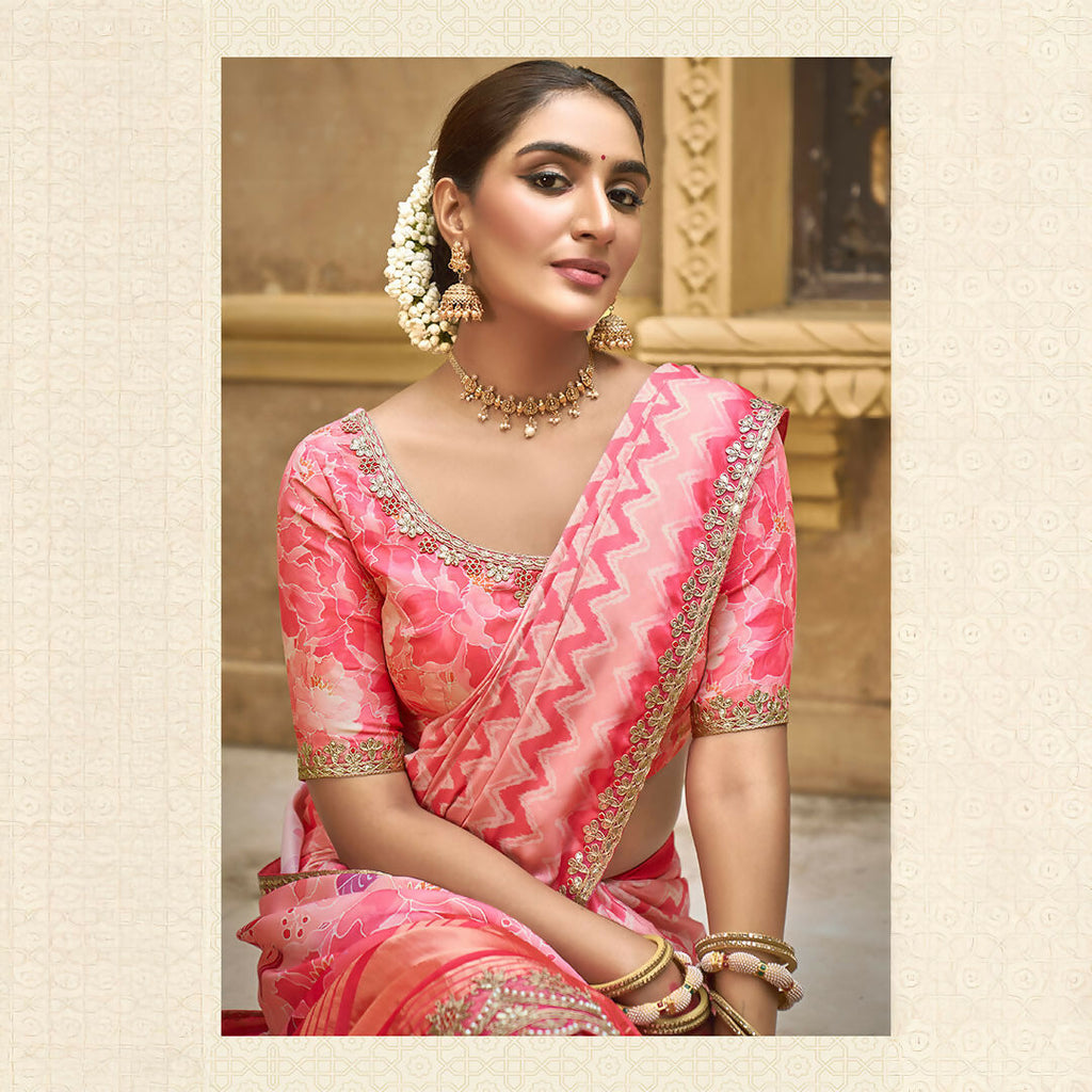 Pink Gajji Silk Foil With Moti Work Saree With Unstitched Blouse - Norita Gajri | Grocsy