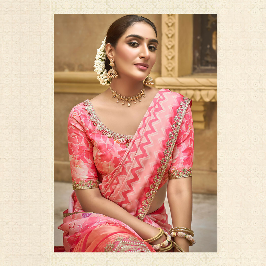 Pink Gajji Silk Foil With Moti Work Saree With Unstitched Blouse - Norita Gajri | Grocsy