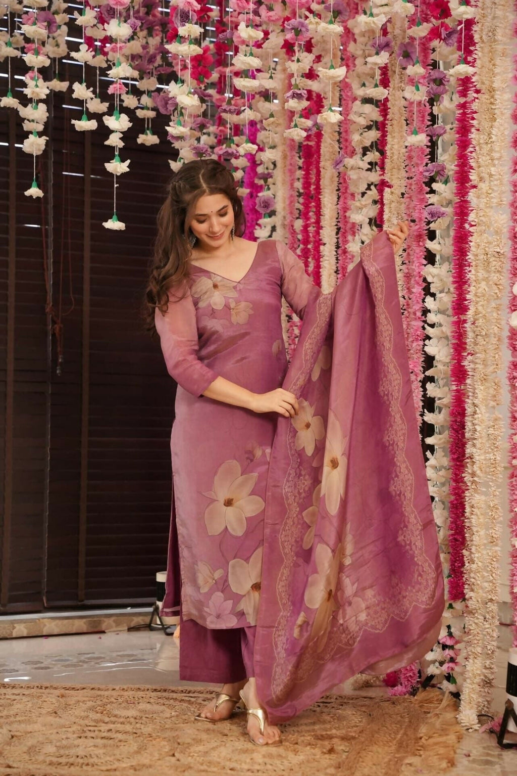 The52 Onion Gorgeous Floral Printed Zarna Silk Fabric Straight Kurta Pant with Dupatta Set | Grocsy
