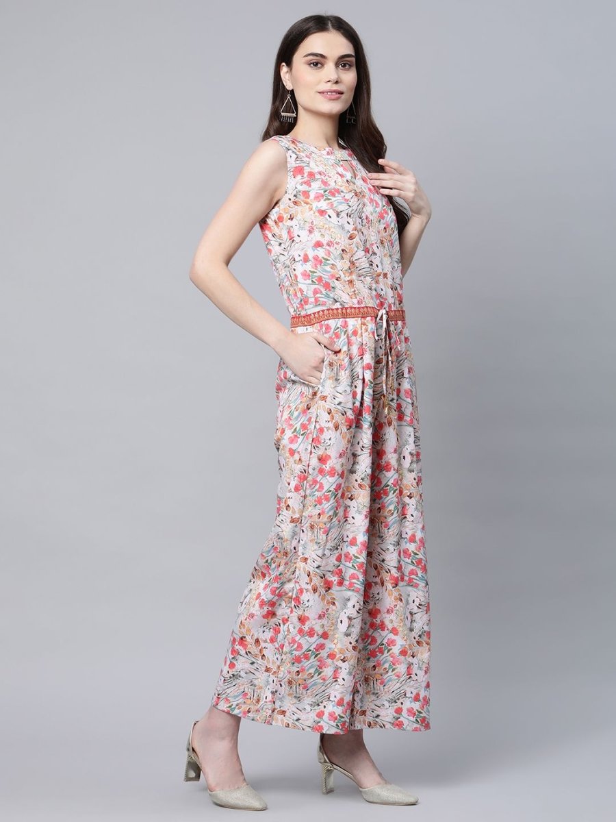 Ahalyaa Womens Pink Crepe Digital Print Floral Jumpsuit | Grocsy