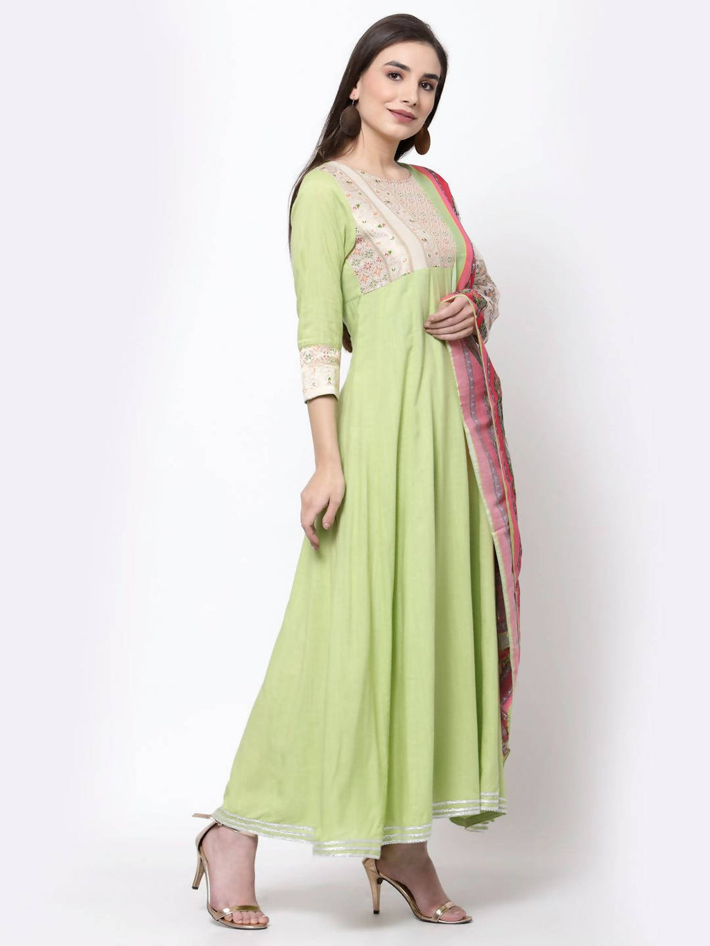 Myshka Women's Green Rayon Printed 3/4 Sleeve Round Neck Casual Anarkali Dupatta Set | Grocsy