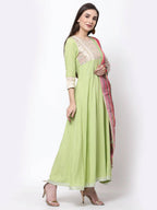 Myshka Women's Green Rayon Printed 3/4 Sleeve Round Neck Casual Anarkali Dupatta Set | Grocsy