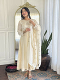 The52 CreamWomen's Gorgeous Embroidered Vichitra Silk Fabric Flared Kurta Pant with Dupatta Set | Grocsy