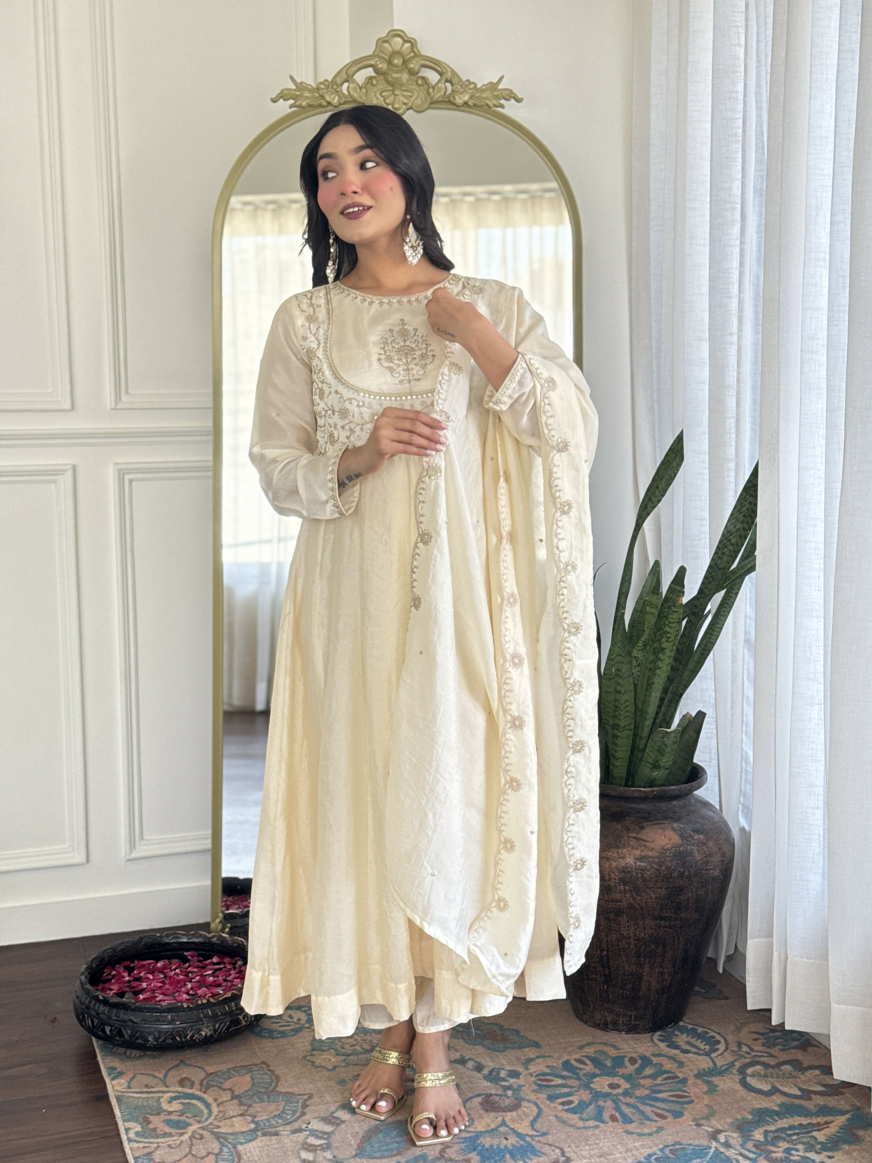 The52 CreamWomen's Gorgeous Embroidered Vichitra Silk Fabric Flared Kurta Pant with Dupatta Set | Grocsy