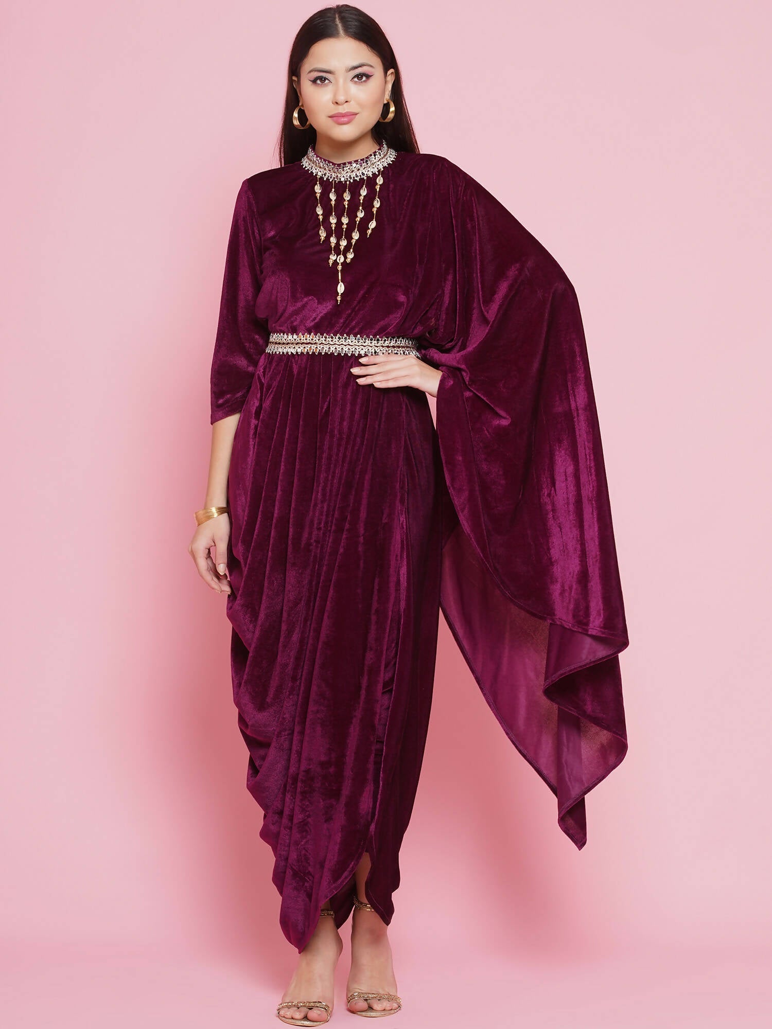 Women Republic Burgundy Velvet Kurta With Attached Neckalace,Belt And Pant | Grocsy