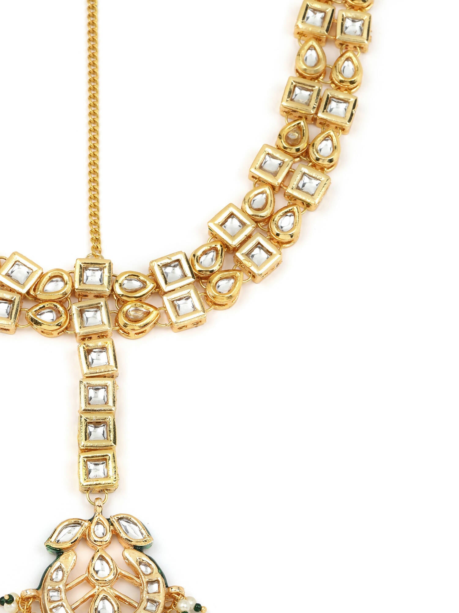 Gold-Polished White Green Kundan-Studded Pearl Beaded Matha Patti - Ruby Raang | Grocsy