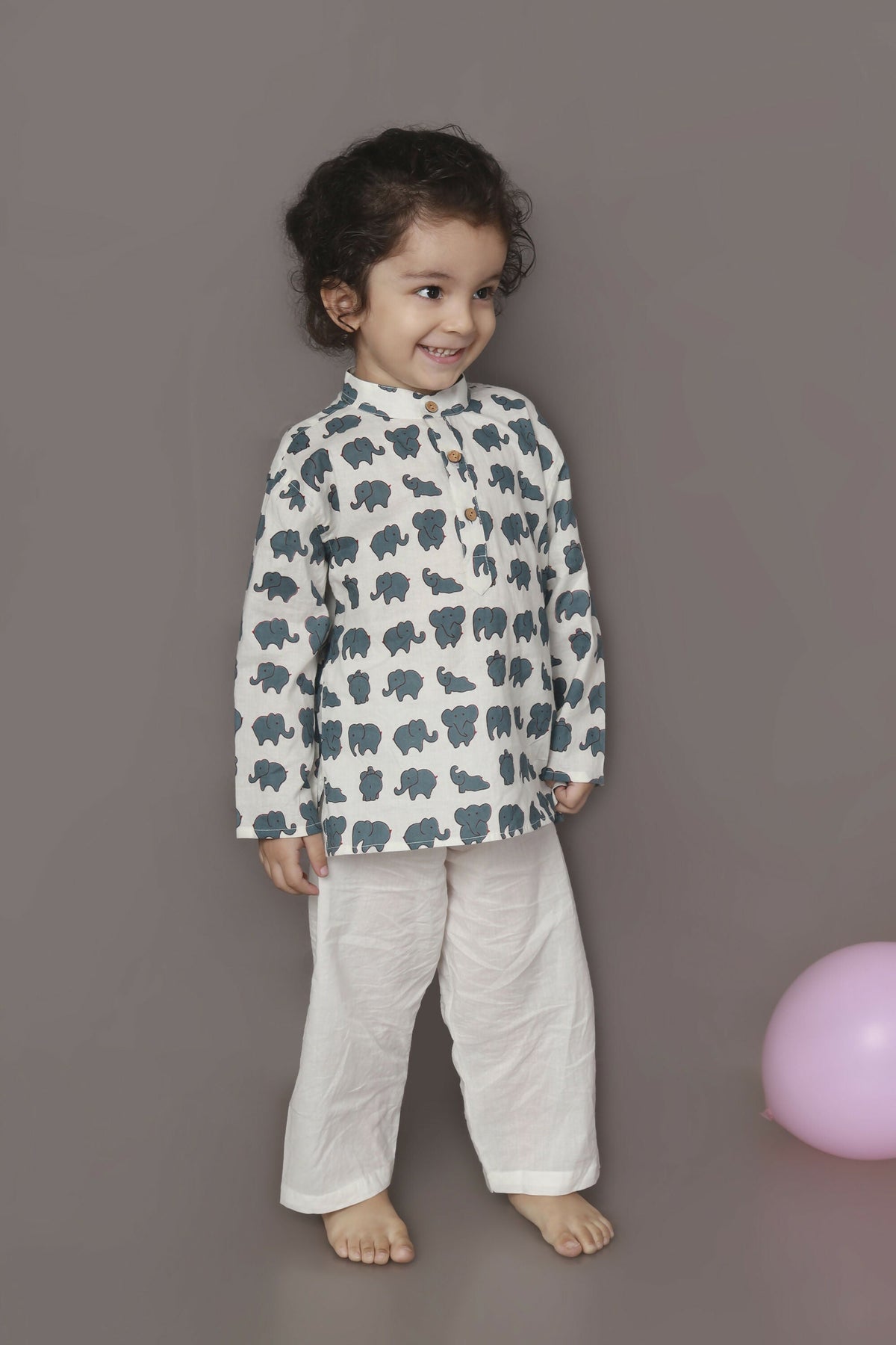 Breathables Kids Cotton Night Suit – White Elephant Print Kurta & Pyjama Co-Ord Set For Boys & Girls | Grocsy
