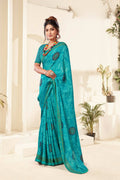 Sky Blue Georgette Texture Printed Saree with Unstitched Blouse Piece - Akansha | Grocsy