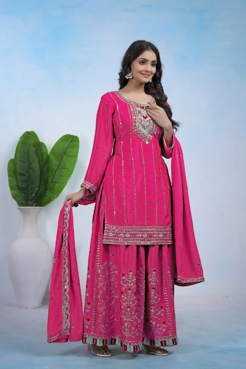 Teeya Creation Pink Color Chinon Silk Wedding Wear Trending Palazzo Set | Grocsy