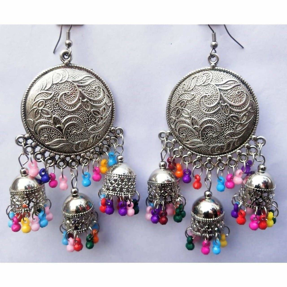 MS Fashion India Muskan Fancy Glass Pearl Silver Tone Chandbali Jhumka Round Earrings | Grocsy