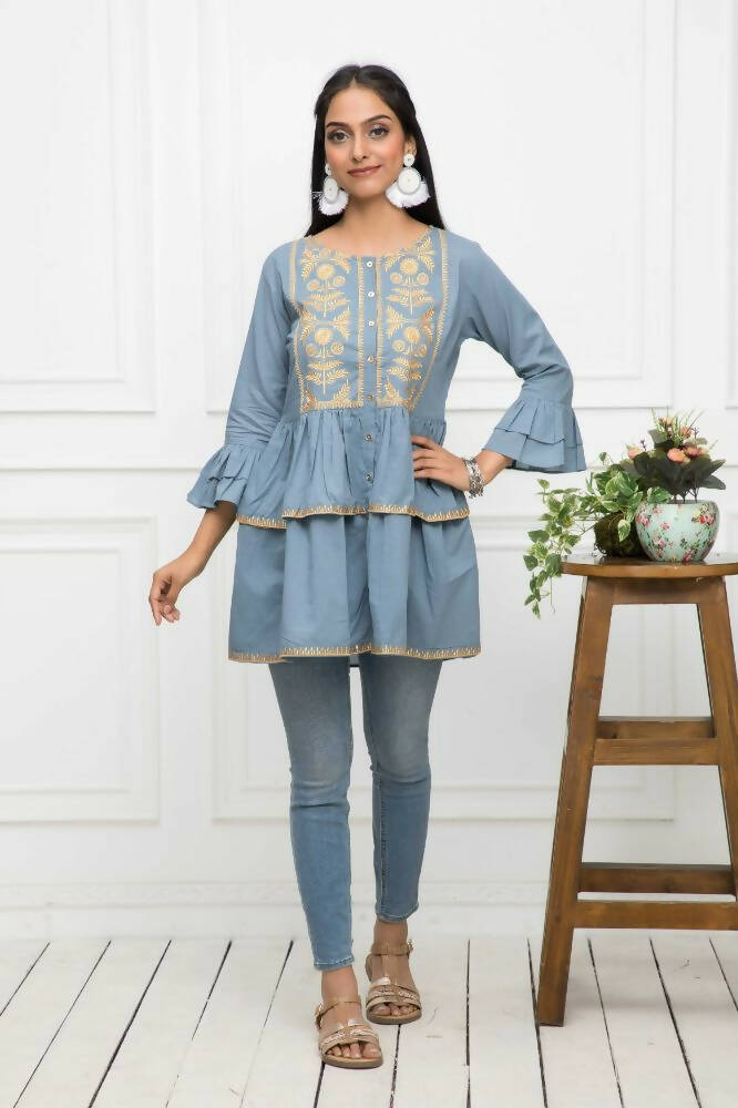 Myshka Women Grey Solid Round Neck Flared Sleeves Pure Cotton Top | Grocsy