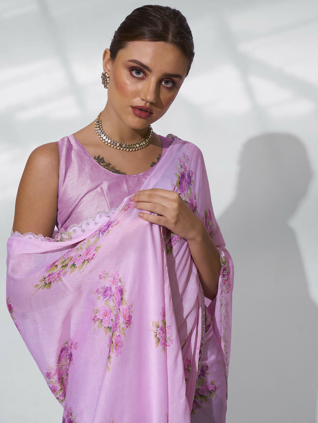 Pink Satin Shimmer Designer Printed Saree - Shezlin | Grocsy