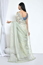 Green Organza Jari Silk Floral Embroidered Festive Saree - Nimaya Denzy | Grocsy