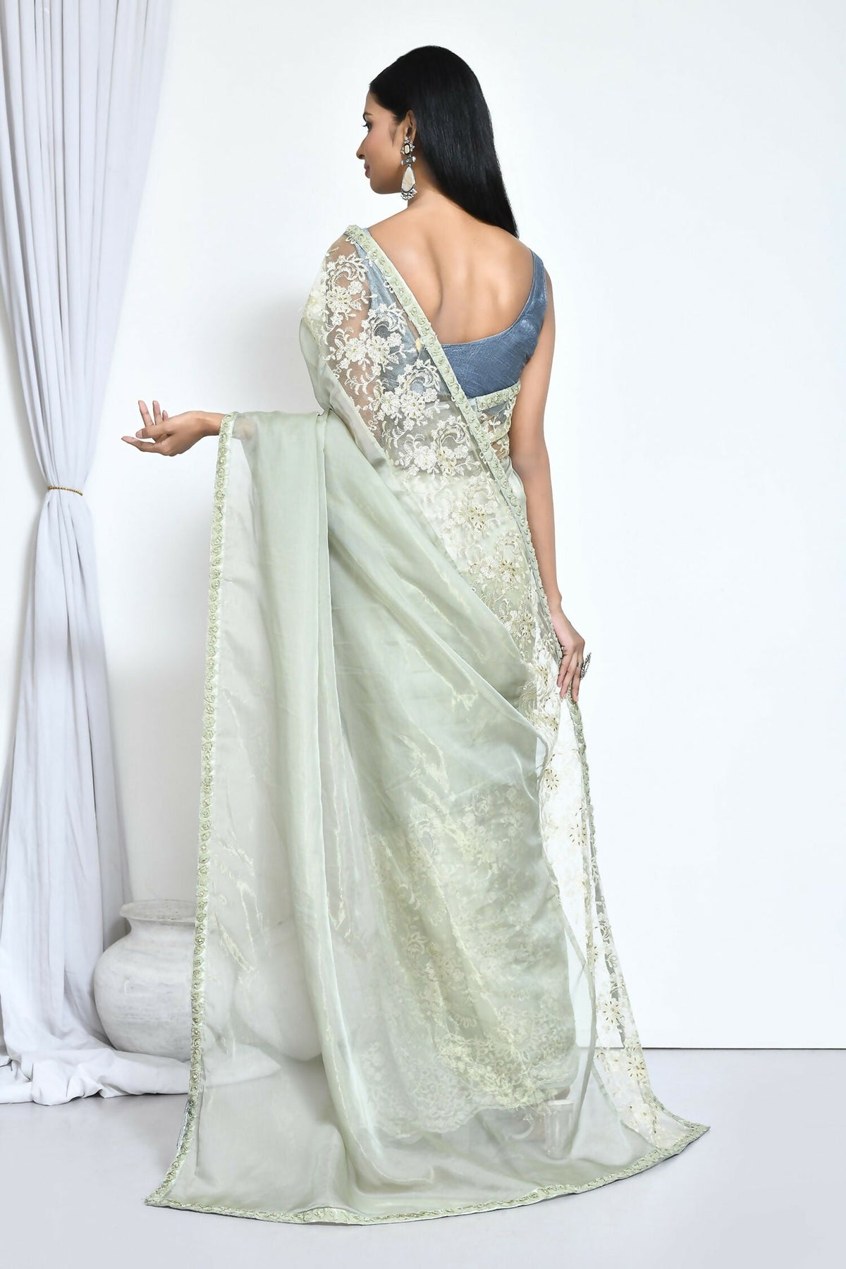 Green Organza Jari Silk Floral Embroidered Festive Saree - Nimaya Denzy | Grocsy