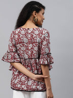 Yufta Women Red & White Bell Sleeve Layered Handblock Ethnic Motifs Print Regular Top | Grocsy