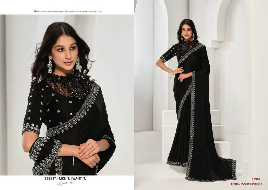 Black Crepe Satin Silk Sequence & Handwork Saree with Unstitched Blouse - Norita Saanjh | Grocsy