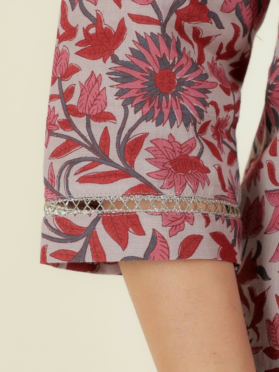 Aramya Straight Linen Cotton Floral Print Women's Kurta - Grey | Grocsy
