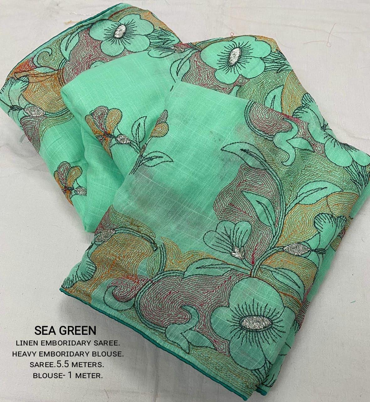 Seagreen Pure Linen Ethnic Motifs Saree with Unstitched Blouse - A2M | Grocsy