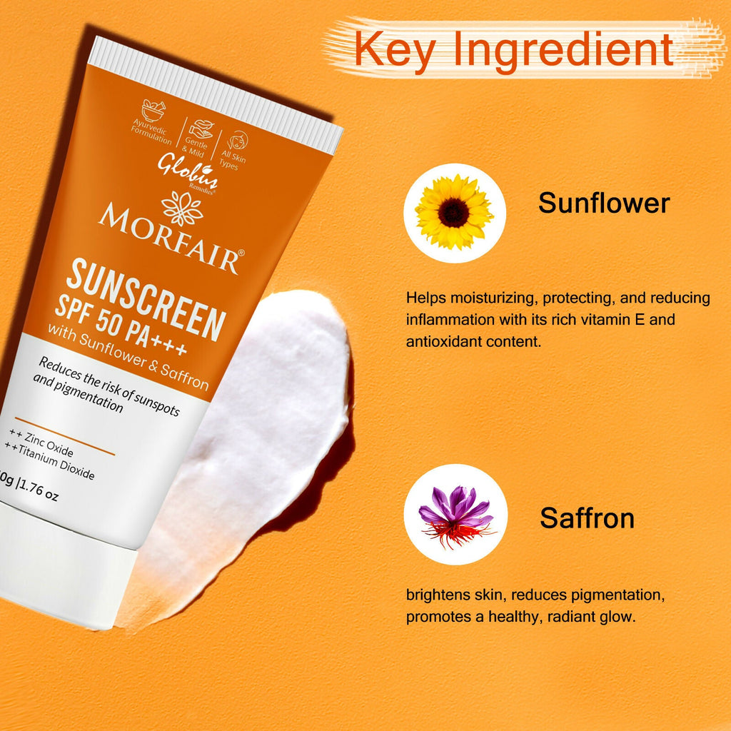 Globus Remedies Morfair Sunscreen SPF 50 PA+++ with Sunflower & Saffron For Reduces Sunspots & Pigmentation | Grocsy