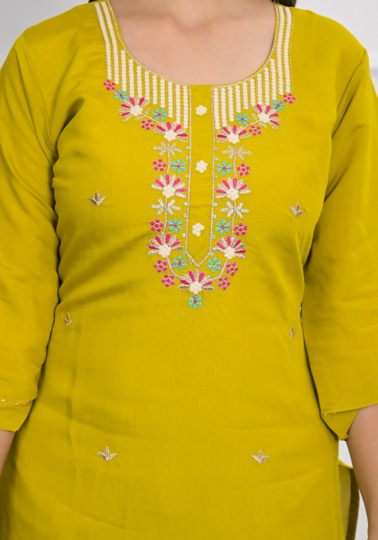 Yellow Viscose Silk Embroidery with Thread and sequence Stitched Suit With Dupatta - Tanisha | Grocsy