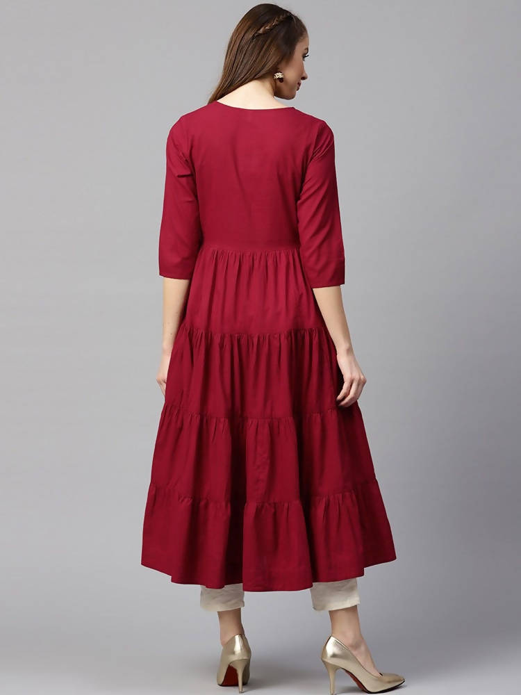 Yufta Women Maroon Embroidered Tiered Anarkali Kurta | Grocsy