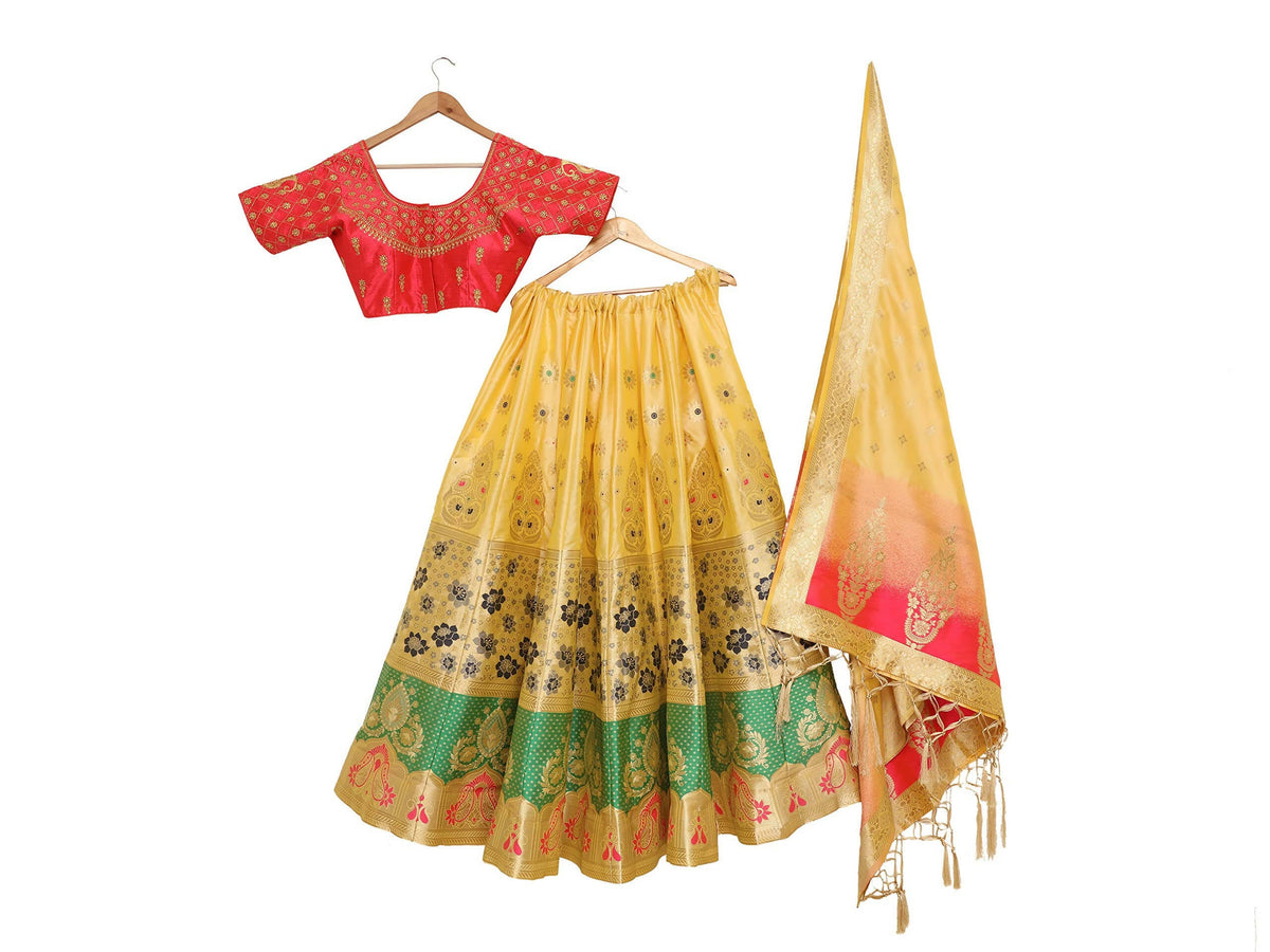 Mimosa Women's Semi-Stitched Art Silk Yellow Lehenga Choli with Dupatta | Grocsy