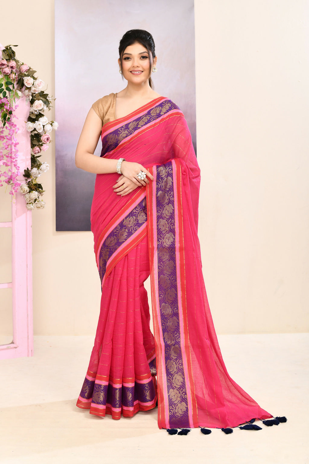 Piyari Fashion Women's Rani Pink Embellished Zari Border Cotton Saree | Grocsy