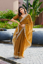 Vastranavya Brown Embroidery Work Shimmer Chiffon Saree with Unstitched Blouse | Grocsy