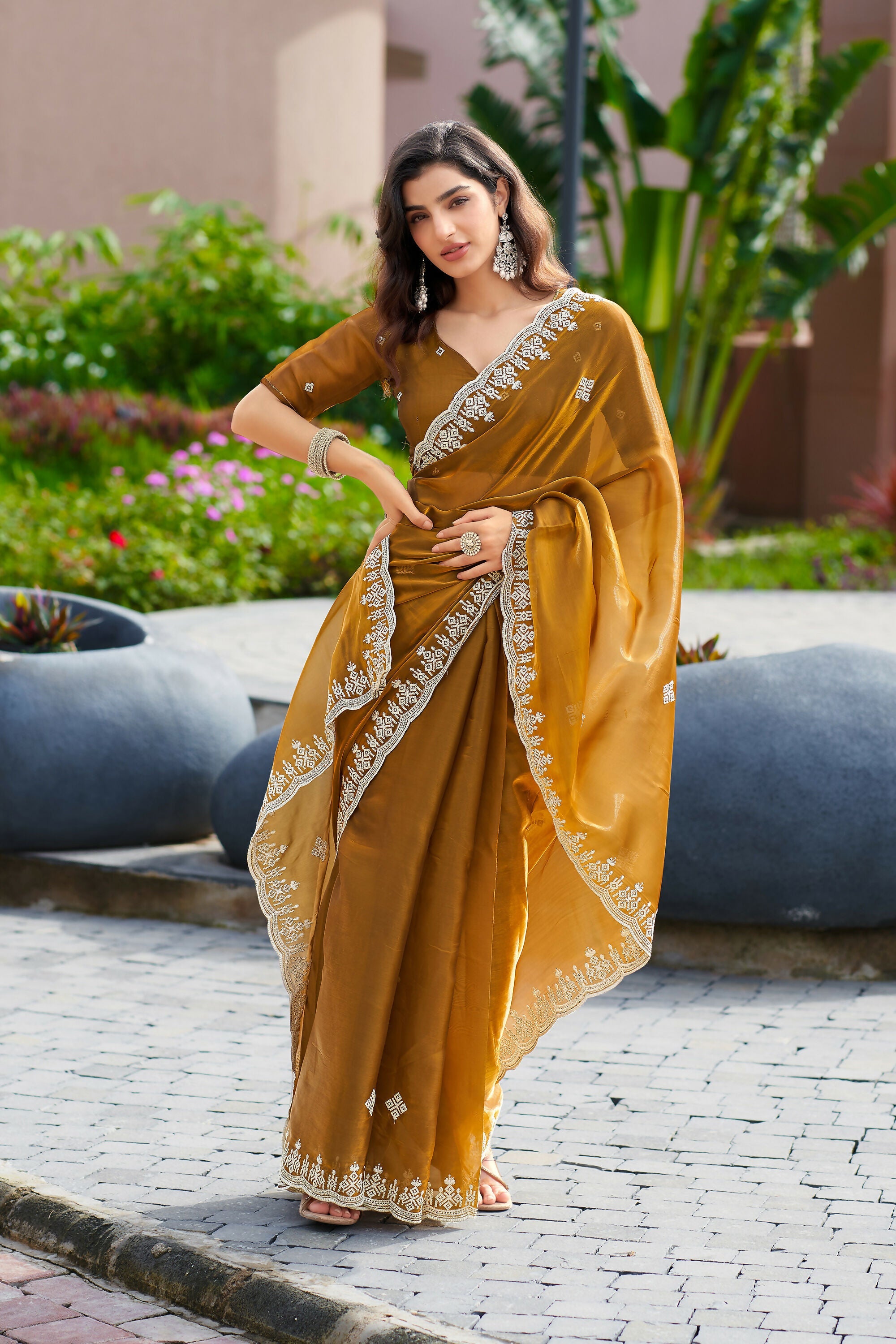 Vastranavya Brown Embroidery Work Shimmer Chiffon Saree with Unstitched Blouse | Grocsy
