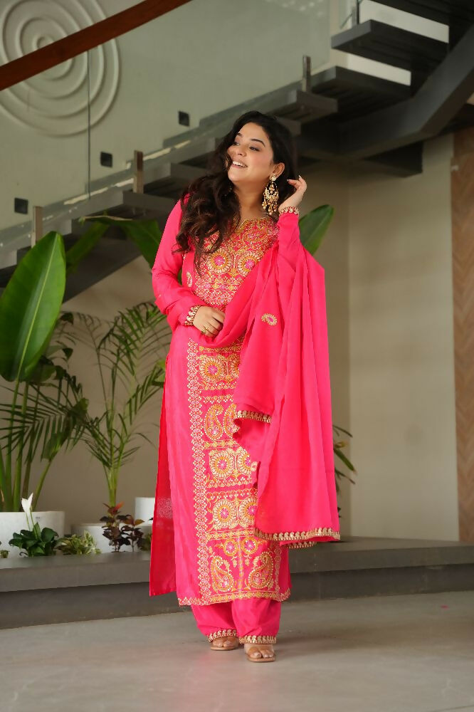 Joban Fashion Gajri Kurta Set Silk Sequins , Zari, Coding & Thread Embroidered work | Grocsy