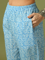 Myshka Women's Blue Printed Cotton Straight Party Kurta Set With Dupatta | Grocsy