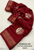 Maroon Cotton Crepe Batik Print Saree with Unstitched Blouse - Hiral Fashion | Grocsy