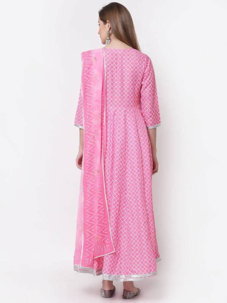 Myshka Pink Color Cotton Blend Printed Anarkali Kurta With Dupatta | Grocsy