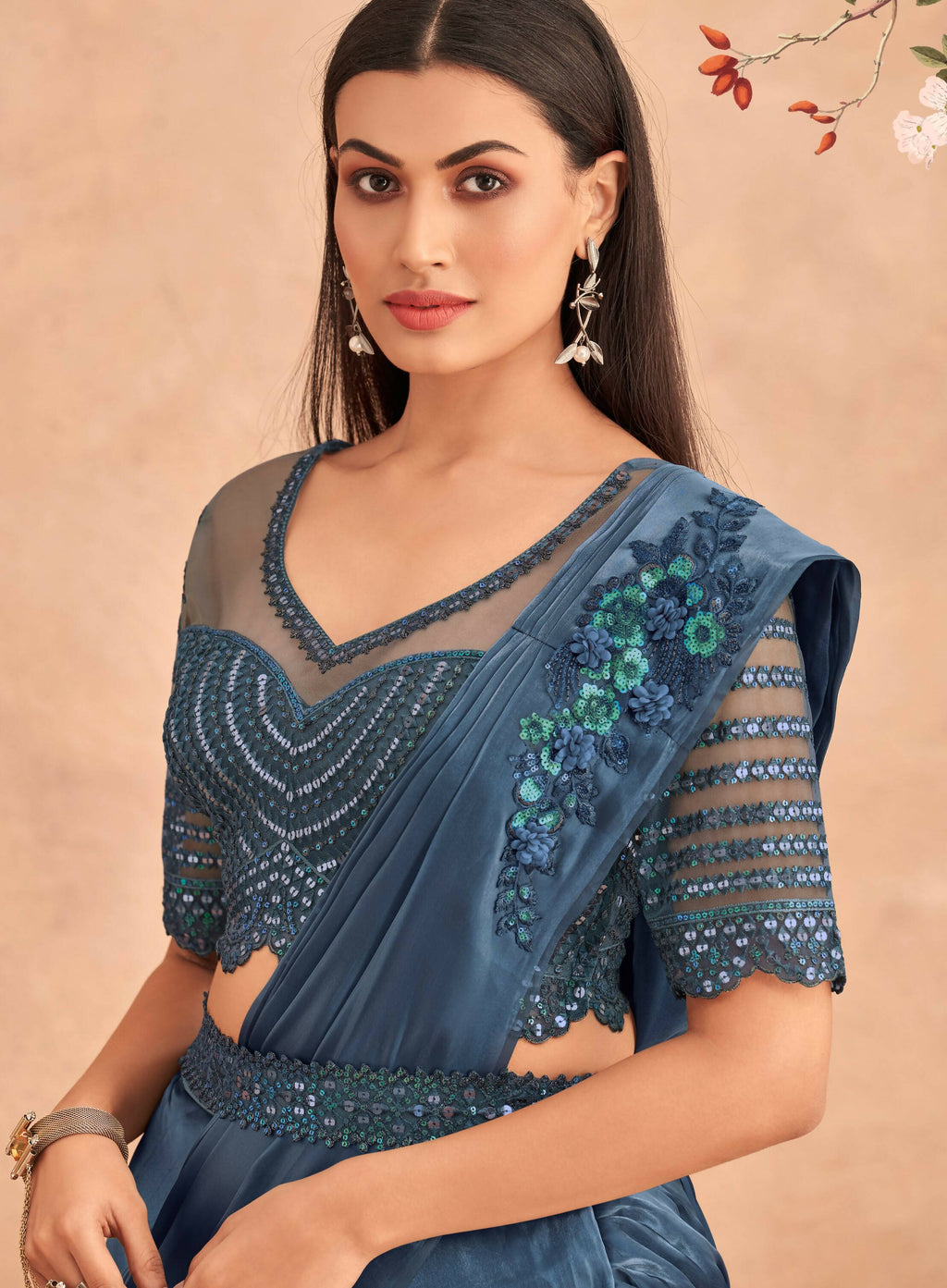 Navy Blue Satin Embroidered Ready To Wear Saree With Unstitched Blouse Piece - Nandika | Grocsy