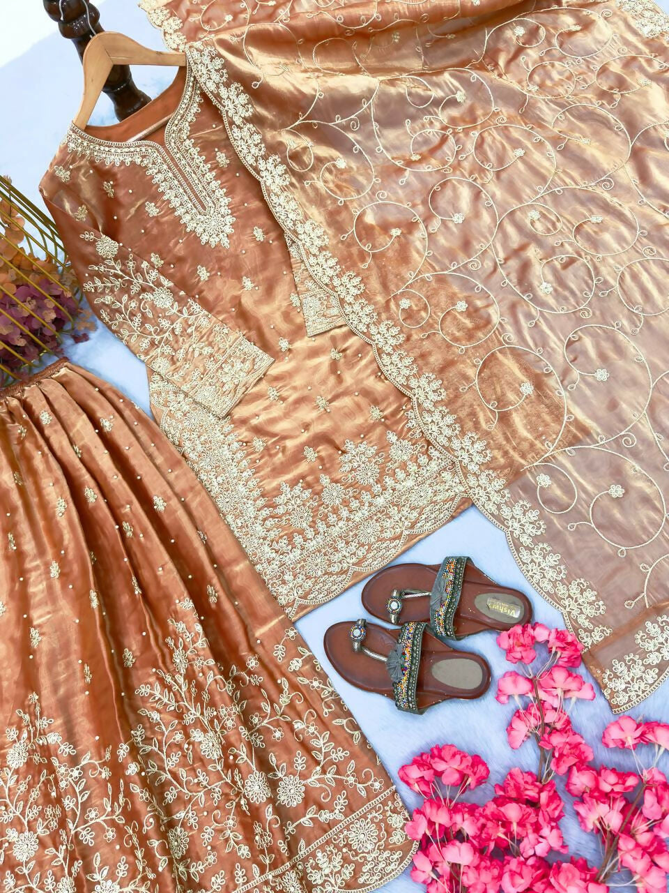 Teeya Creation Peach Pure Silk Gimmy Silk Heavy Embroidery Work Wedding Wear Palazzo Pair | Grocsy
