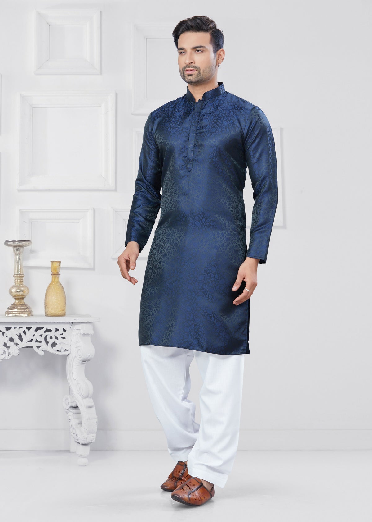 Joban Fashion Men's Jacquard Silk Navy Blue Printed Kurta Pyjama set | Grocsy