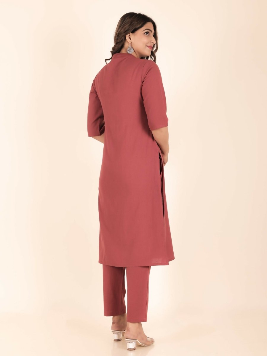 Aramya Pink Linen Cotton Solid Print Straight Kurta Set for Women | Grocsy