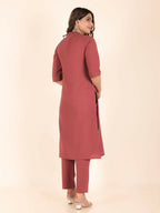 Aramya Pink Linen Cotton Solid Print Straight Kurta Set for Women | Grocsy