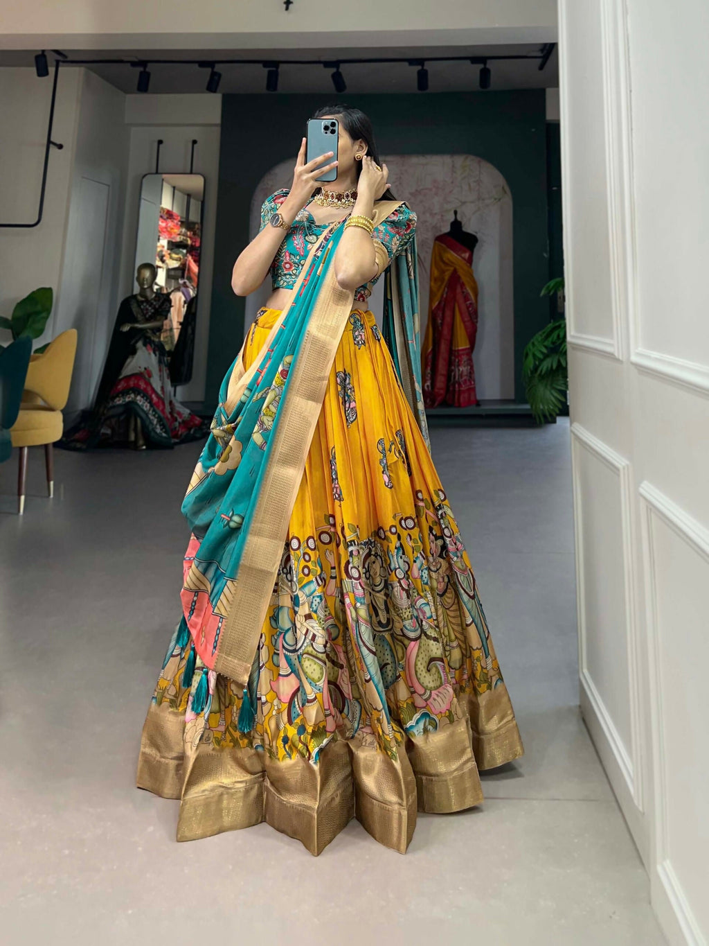 Vastranavya Kalamkari Print With Weaving Border Lehenga with Unstitched Blouse - Yellow | Grocsy