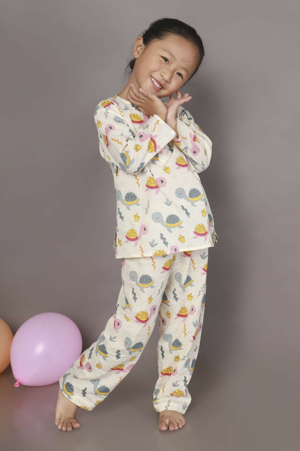 Breathables Kids Cotton Turtle Print Co-Ord Night Suit – White & Multi-Color | Grocsy