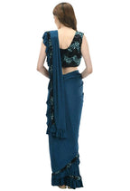 Mominos Fashion All Season Wear Peacock Blue And Black Ruffled Ready To Wear Saree | Grocsy