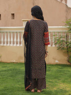 Juniper Women's Black Ethnic Motif Printed Rayon Kurta Palazzo And Dupatta With Mirror & Thread Work | Grocsy