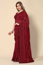 Maroon Georgette Embroidered and Stone Work Saree with Unstitched Blouse Piece - Roozal | Grocsy
